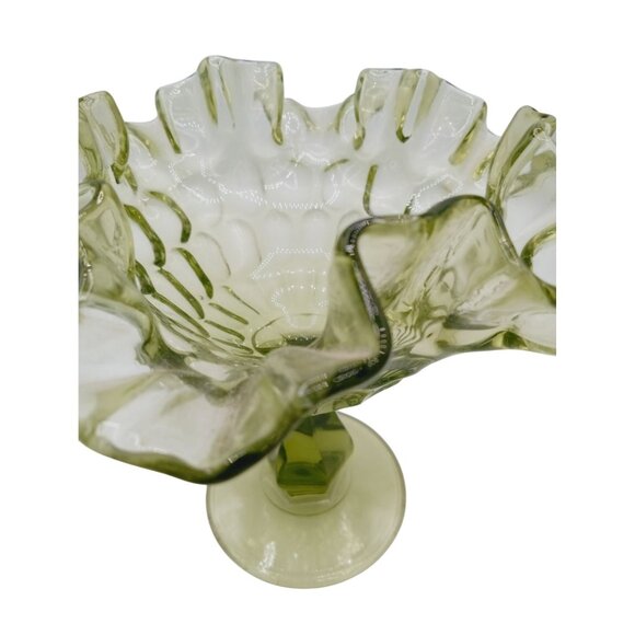 Vintage Fenton Glass Candy Dish Pedestal Green Thumbprint Ruffle Rim Compote 6" - Picture 6 of 15